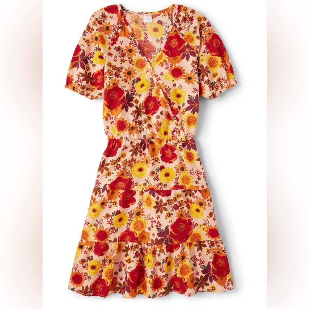 Gymboree Floral Wrap Short Sleeve Dress in Peach, Red & Yellow